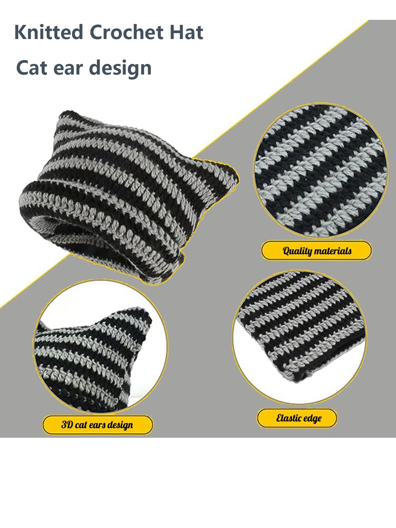 Häkelmützen für Damen und Herren, Katzenohren-Mütze, Mädchen, gestrickt, fauler Stil, Punk, Y2k, niedliche Slouchy-Mützen, lockere Passform, handgefertigte Skullies für Jungen – Detail 5