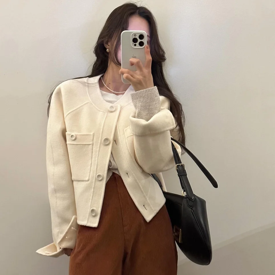 Korean Fashion Women Breif Woolen Coats Long Sleeves Single Breast Short Coat Office Lady Winter Fall Jackets new custom lady s lace appliques wedding jackets bridal boleros half sleeves scoop neck white ivory jacket