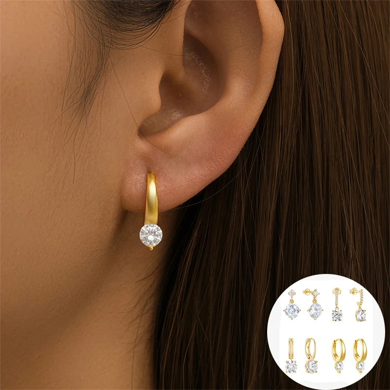 

100% 925 Sterling Silver Zircon Geometric Drop Earrings for Women Girl Fashion Round Design Jewelry Wedding Gift Dropshipping