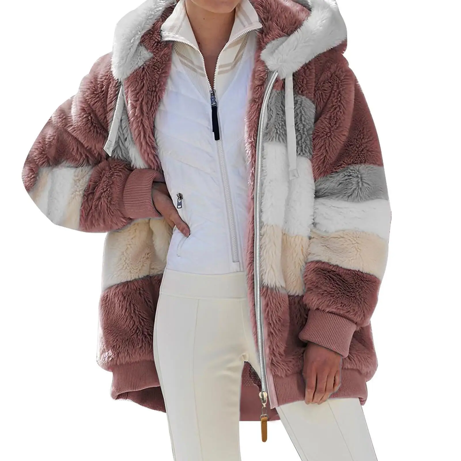 Manteau d'hiver long surdimensionné pour femme, veste ours en peluche, haut à manches longues, chaud, épais, sourire, fausse fourrure, combinaison