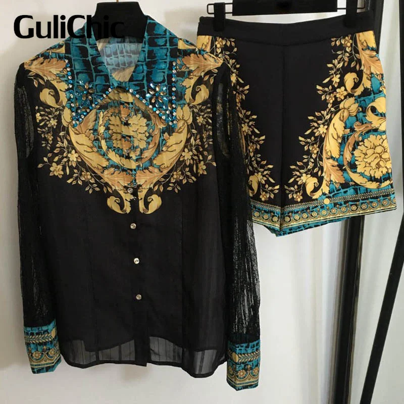 

1.20 GuliChic 2024 New Fashion Women Set Crocodile Pattern Vintage Print Rhinestone Beading Lapel Shirt + High Waist Shorts Sets