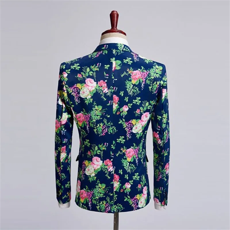 2023 New Printed Men Suits Blue Single Button Fashion Singer Stage Host Slim Fit Jacket Pants Prom Chic Male Blazer 2 Pieces Set