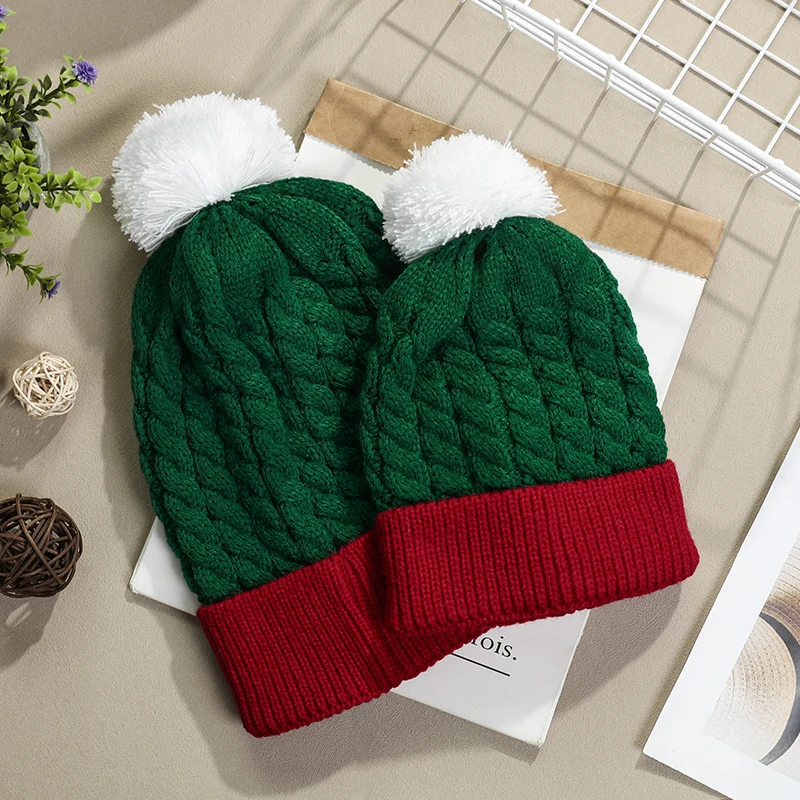 Christmas Knitted Hat Winter Warm Cute Fluffy Ball Santa Hat New Year Kids Gift Navidad Noel Beanie Decor Xmas Party Decor