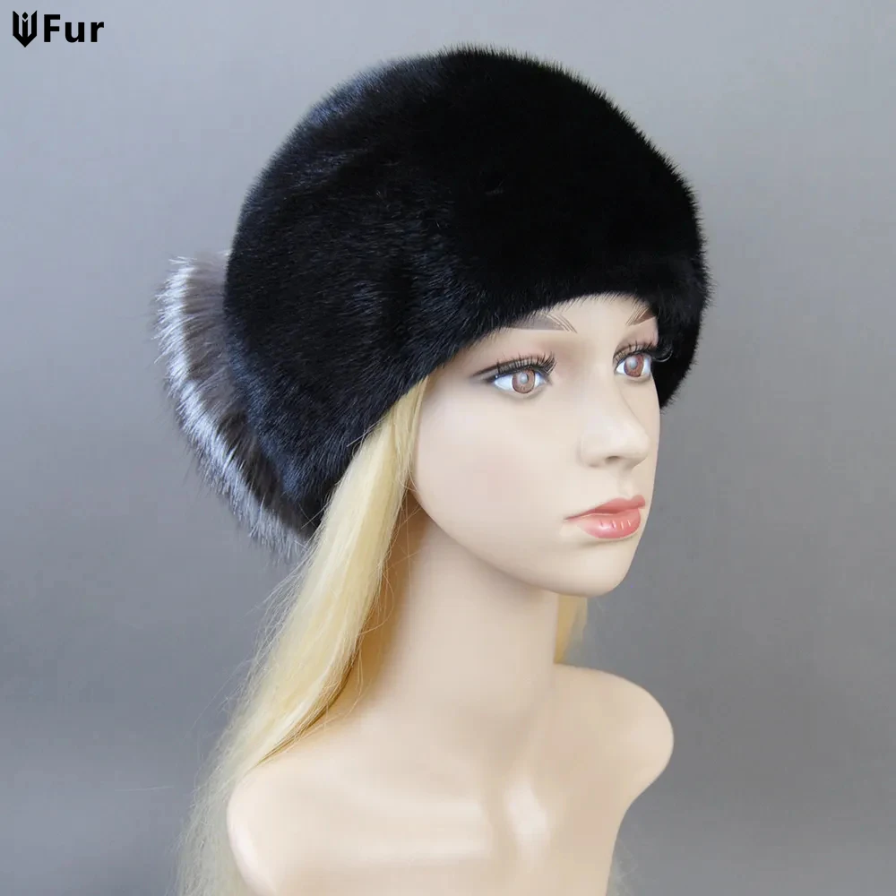 

Women Winter Real Mink Fur Hats Russian Female Fur Hat With Ears Knit Beanie With Pom Poms Newsboy Caps Ladies High Elastic Hat