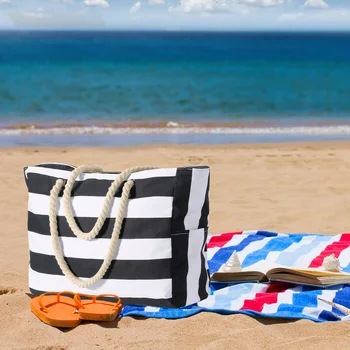 Borsa da spiaggia da donna Borsa a tracolla impermeabile antisabbia a righe Borsa tote in tela di grande capacità Borsa da viaggio per la notte Borsa da piscina 1