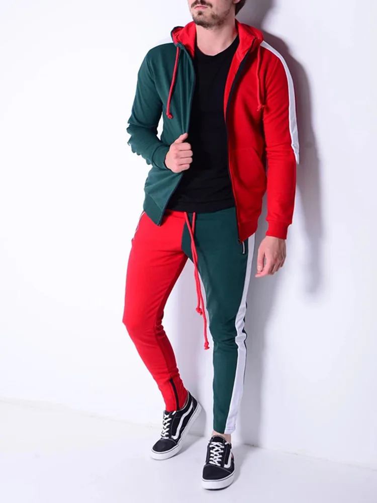 

Men's Patchwork suits Outdoor training hooded coats casual sweatpants two-piece High quality Fitness brand clothing