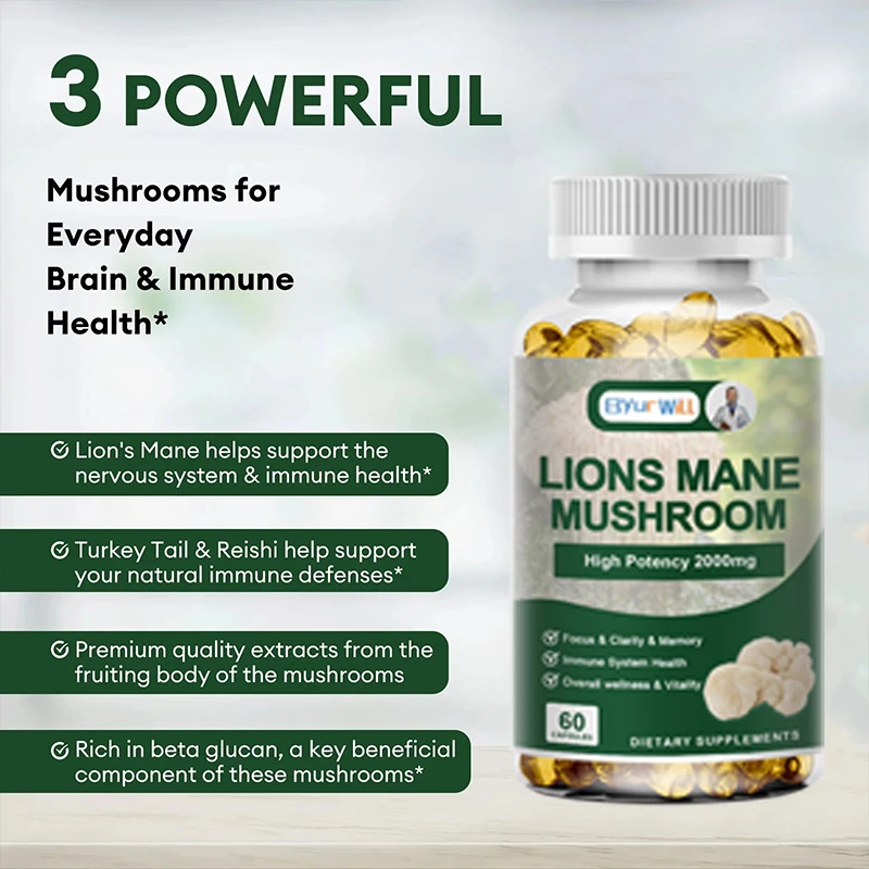 Lion's Mane Capsules Promotes Mental Clarity Focus Memory Mushroom Supplement Original Flavor Non-GMO
