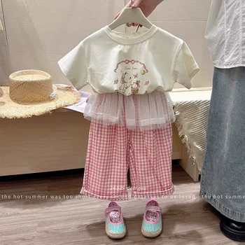 New Girls Plaid Sets 2025 Summer Fashionable Kids T-Shirt Suits Children Clothes Short Sleeve Tops+Pants 2Pcs Outfits 2-8 Years