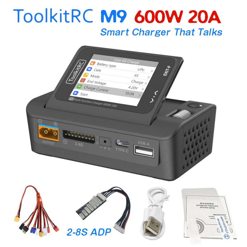 ToolkitRC M9 MultiFunction 600W 20A DC Smart Balance Charger with Audio Function 85Degree Rotatable Screen for 1-8S LIPO Battery