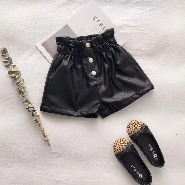Kids Shorts Spring Summer Autumn Girls Fashion Pu Leather Shorts with Buttons