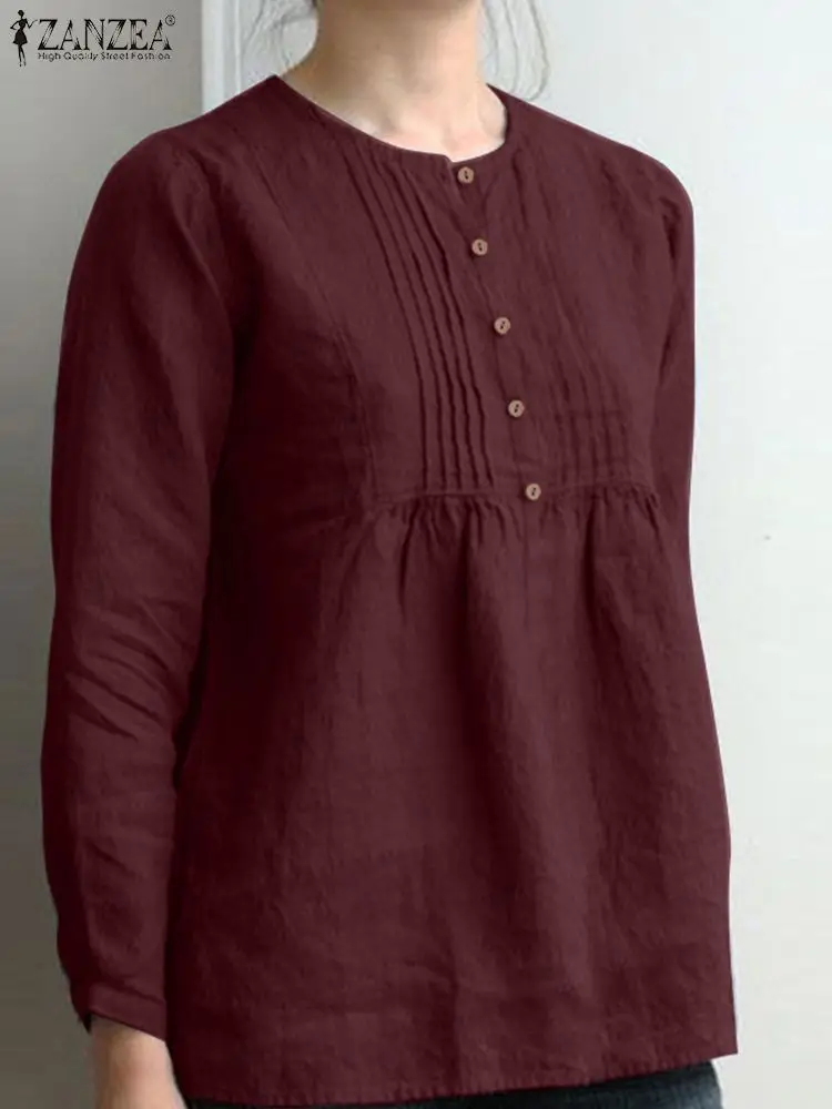 

2023 ZANZEA Fashion Cotton Shirt Autumn Women O Neck Long Sleeve Blouse Casual Pleated Tunic Tops Female Work Solid Blusas Mujer