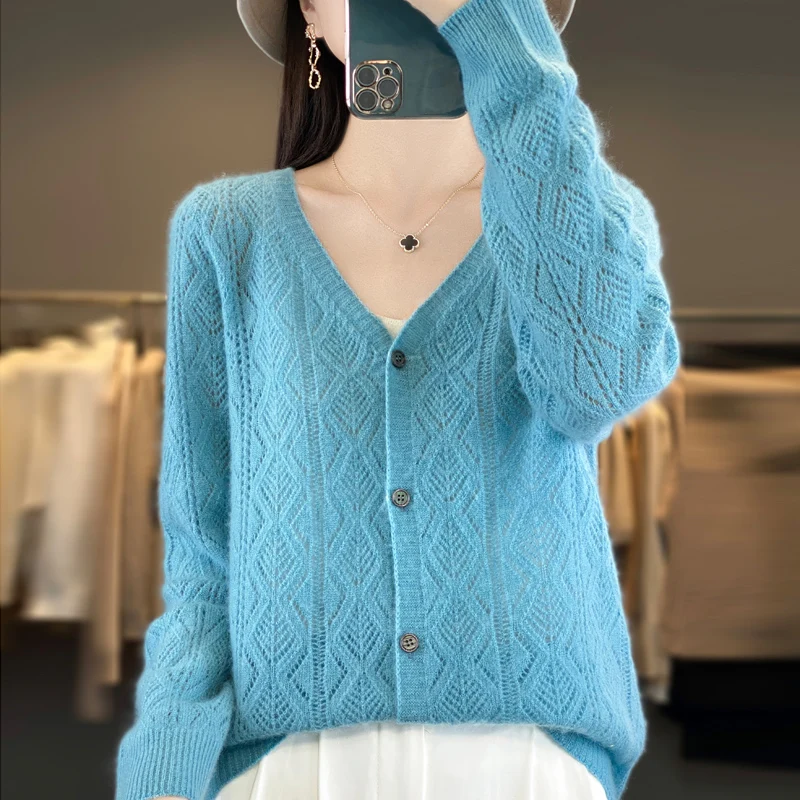 

Women's Cardigan Spring/Autumn 100% Wool Knitted Sweater Casual Hollow Blouse Loose Ladies Tops V-neck Single-breasted Jacket