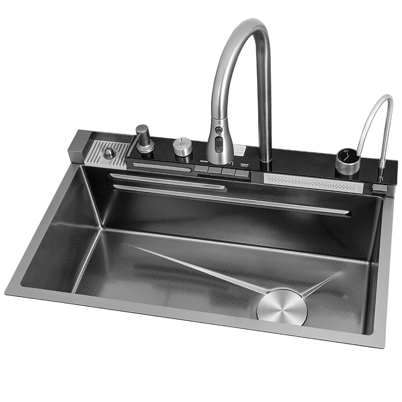 Whale Flying Rain Waterfall Integrated 304 Stainless Steel Honeycomb Embossed Sink, Large Single Slot Kitchen, Vegetable