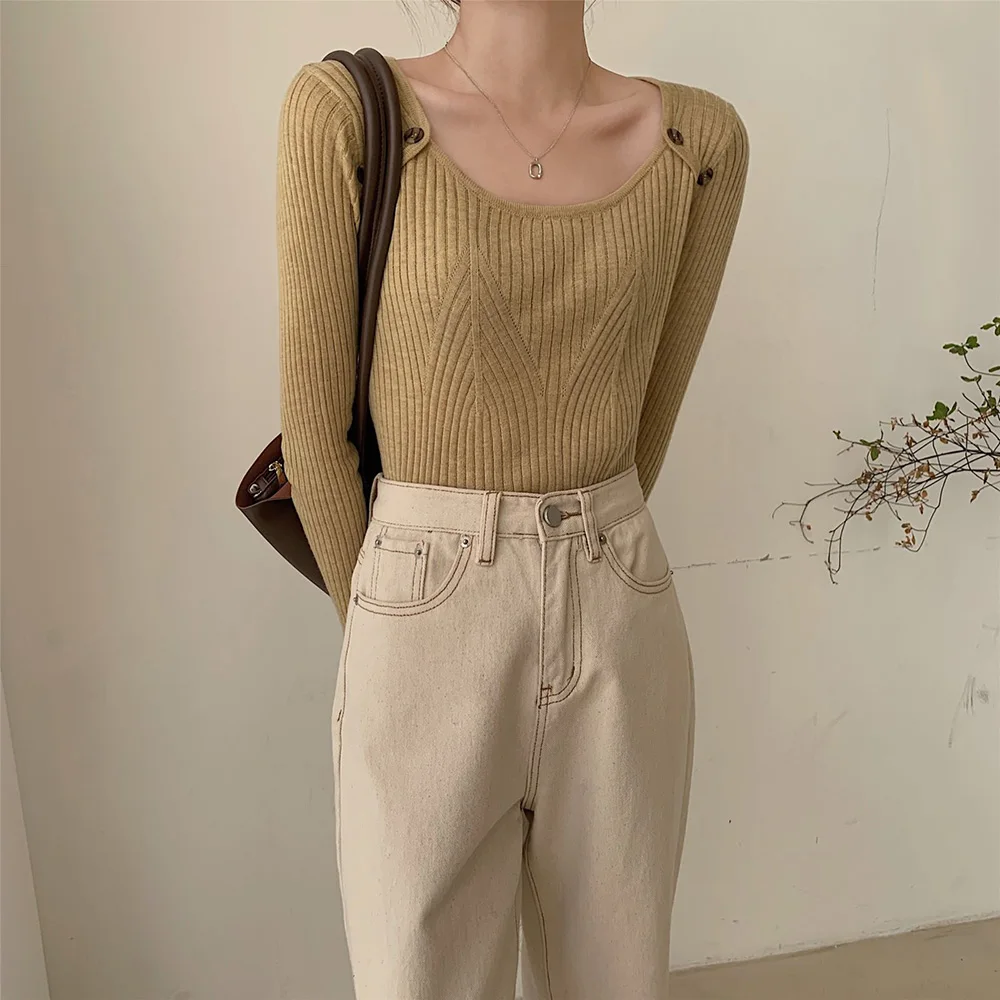 Croysier Autumn Winter Clothes Women Jumper Round Neck Long Sleeve Slim Casual Pullover Sweater Elegant Button Knitted Sweaters cardigan