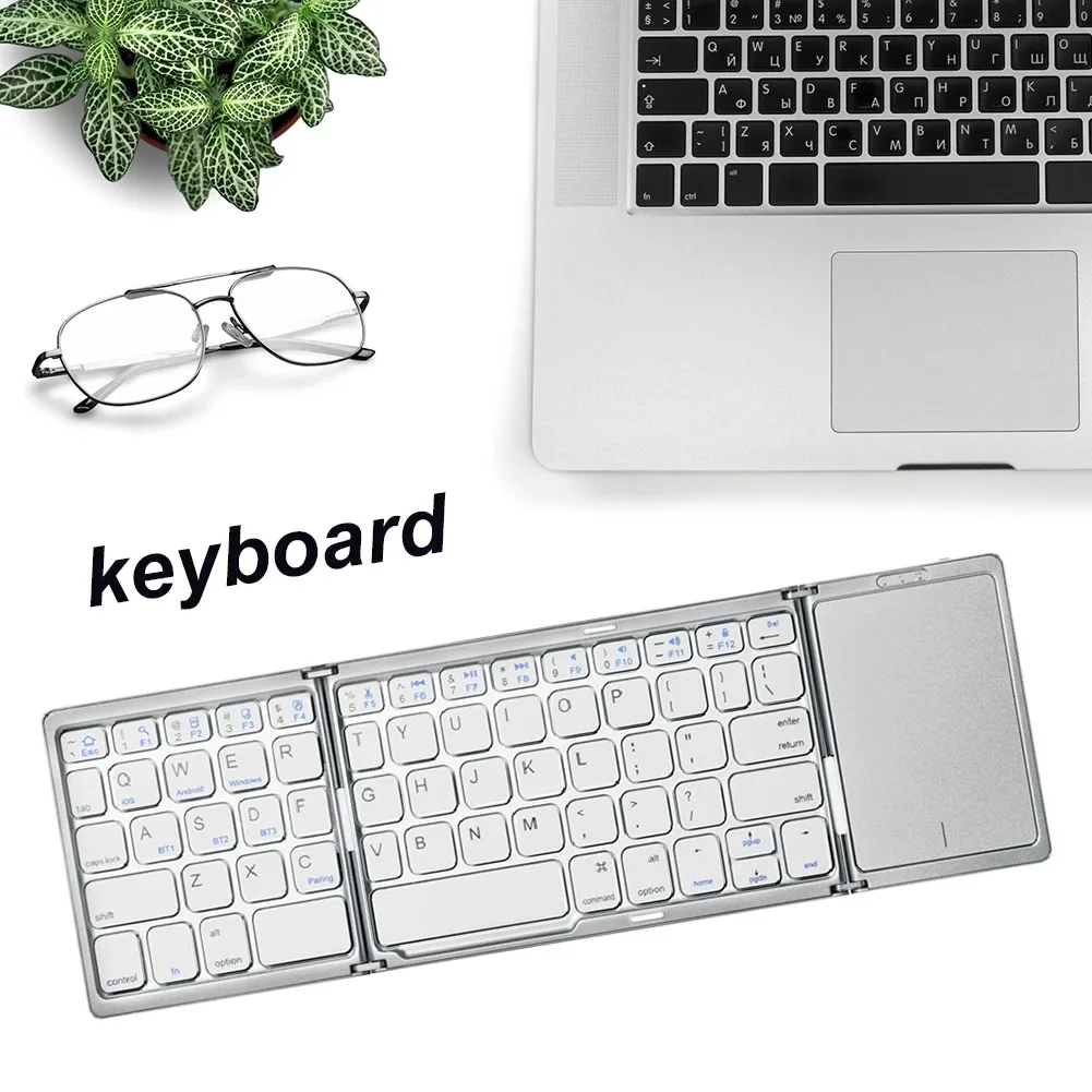 Wireless Keyboard Mouse Set B089T Triple Folding Keyboard Mouse Button Mini Wireless Bluetooth Touchpad Multi-Device Portable Rechargeable for IOS Windows