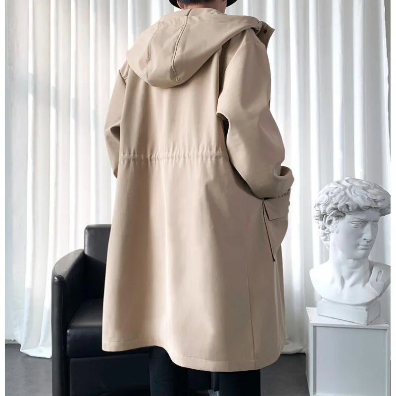 Korean Style Spring Trench Coat Hooded Loose Big Pockets Windbreaker Windproof Men Daily High Street Overcoat Men Clothes