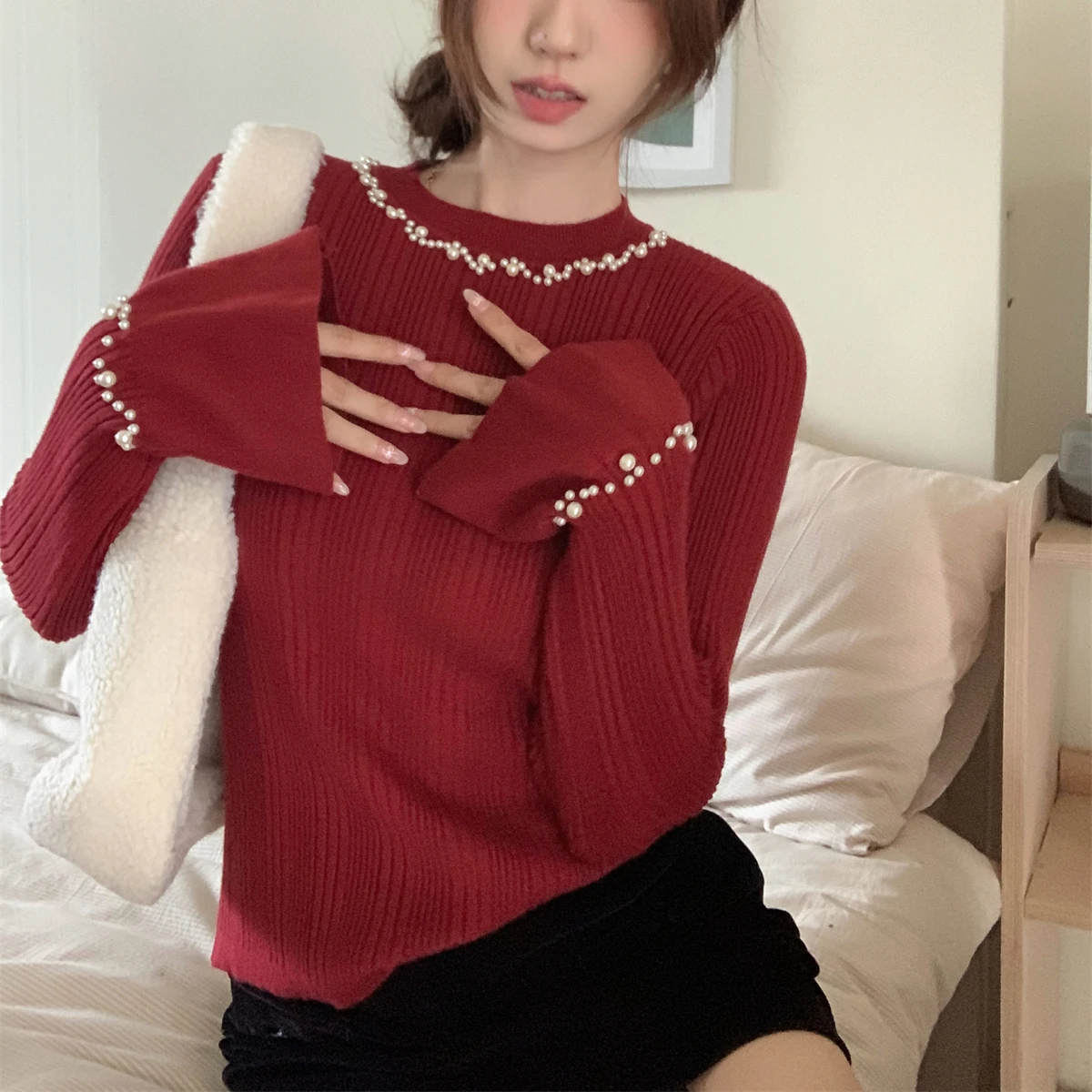 Autumn Winter flare Sleeve half Turtleneck Knitted Sweater Female korean Casual Pullover Jumper Slim Tops Women Beading Sweaters 6