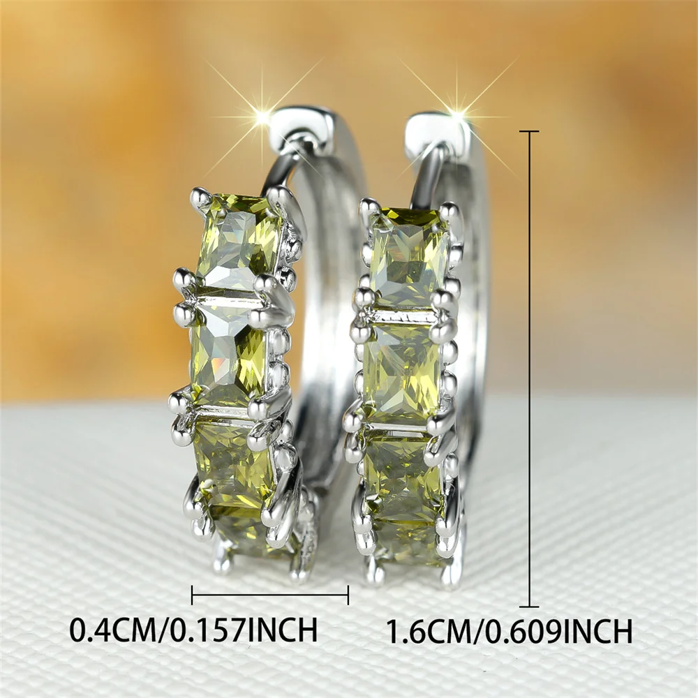 Olive Green Crystal Zircon Square Stone Hoop Earrings For Women Vintage Silver Color Birthstone Ear Buckle Wedding Jewelry Gifts