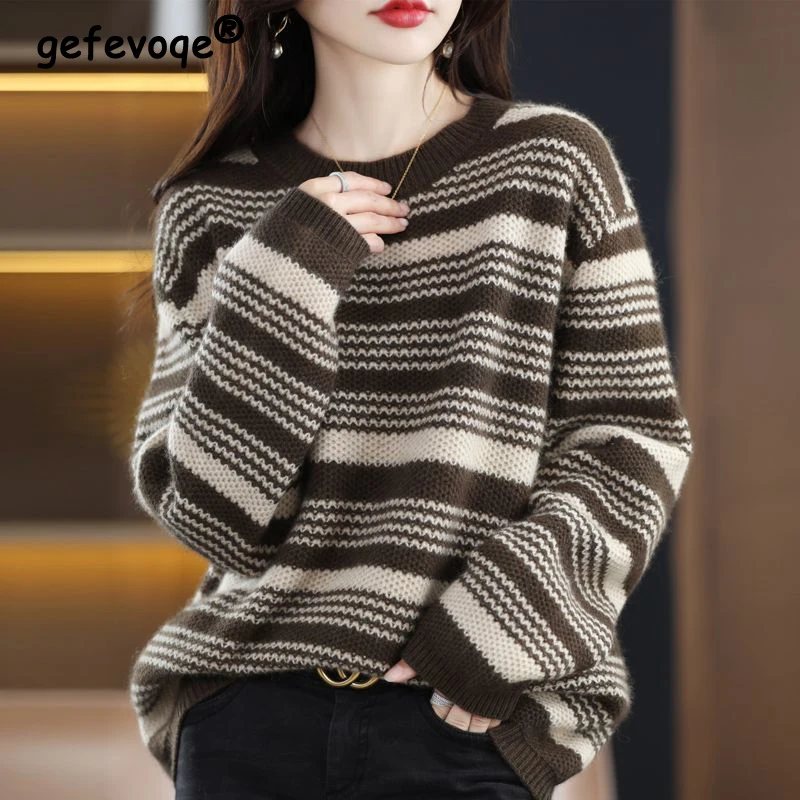 

Autumn Winter Korean Fashion Striped Oversized Streetwear Knitted Sweater Casual Long Sleeve Pullover Top Female Jumper Clothing