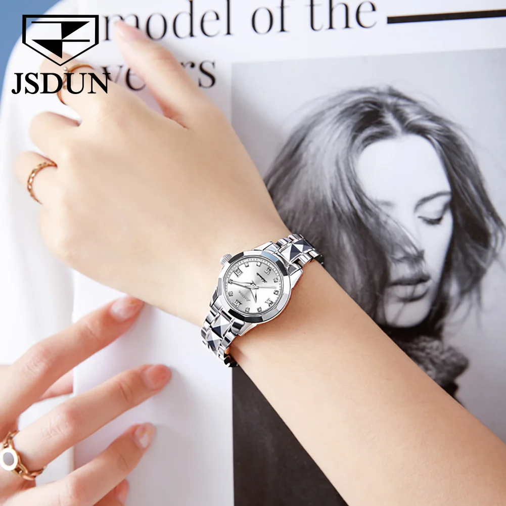 JSDUN Elegant Mechanical Watch for Women Luxury Brand Synthetic Sapphire Tungsten Steel Strap Watches Automatic Date Clock 8813