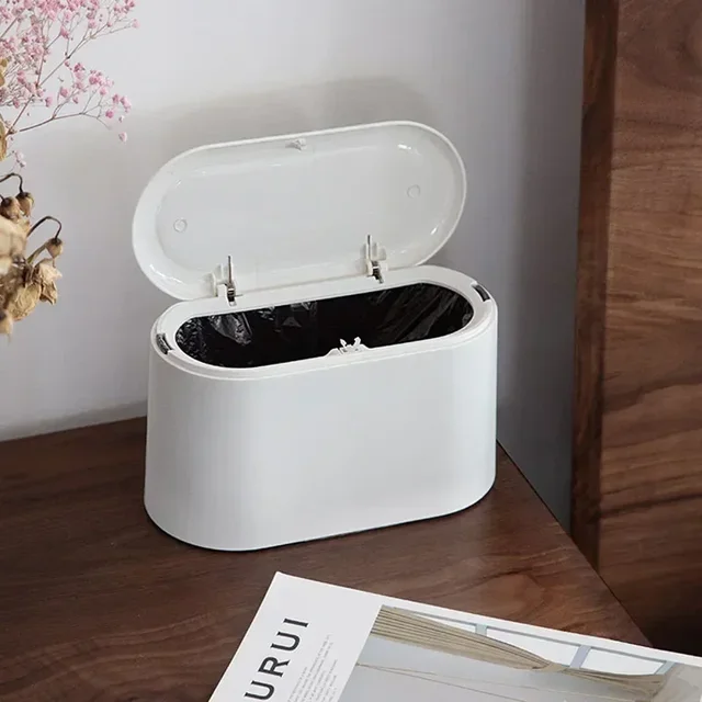 Simple Desktop Trash Bin Mini Durable Storage Bucket Can Automatic Pop-up Lid For Dressing Tables Home Office Garbage Bucket 5