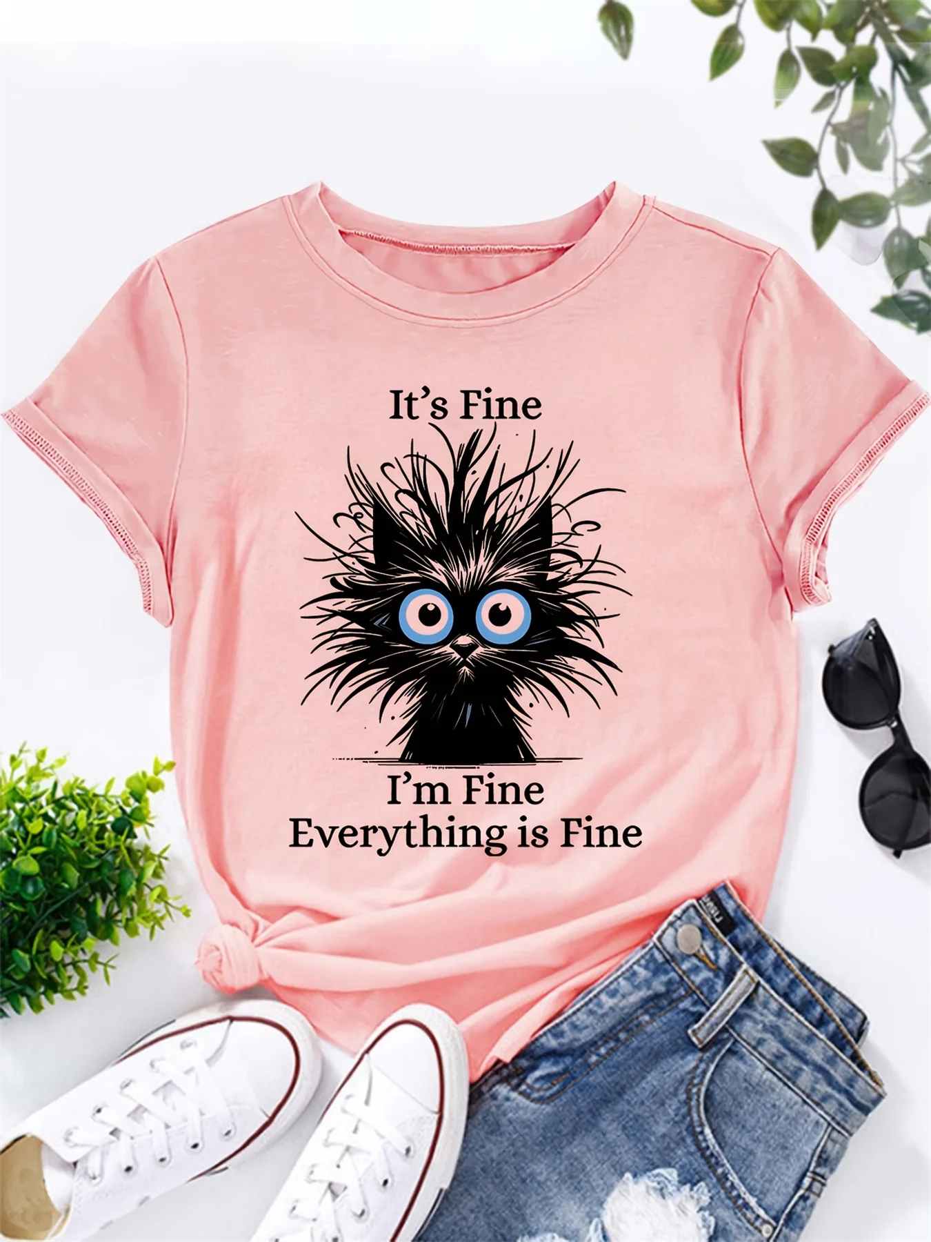 Summer women's 100% pure cotton satirical cat pattern printed casual and comfortable loose round neck short sleeved T-shirt top 4