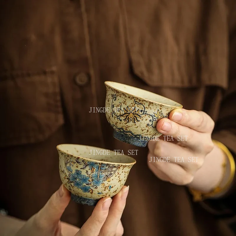 1pcs 50ml Chinese Handmade Flowers Ceramic Tea Cup Household Teacup Vintage Tea Bowl Travel Personal Meditation Cup Teaware