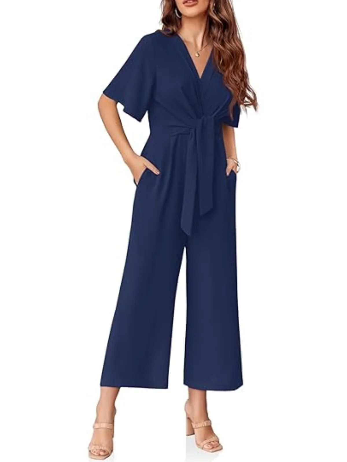 Women's Wide Leg Jumpsuits Summer Elegant Sweet Solid Loose V-neck Flared Short Sleeved Straight Pants Tie Knot Front Romper