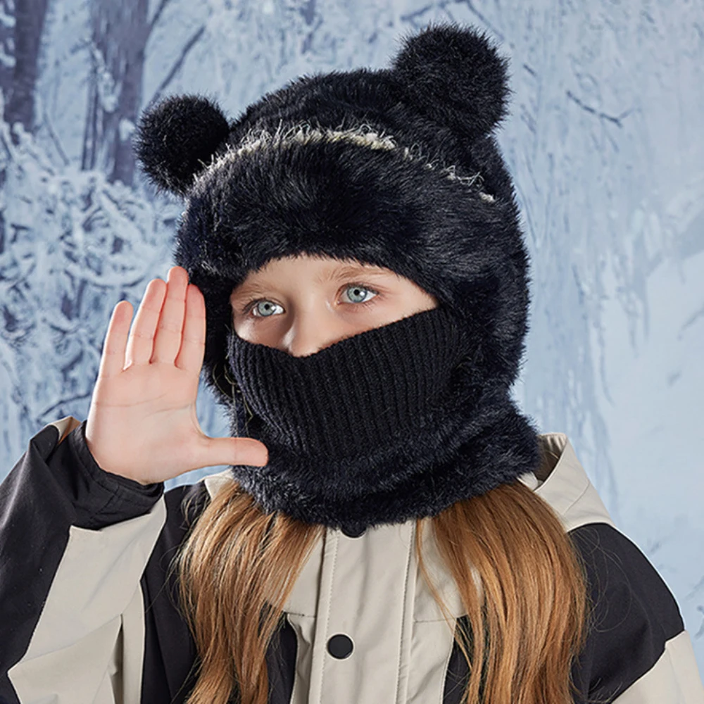 HT4527 Cute Ears Winter Hat Scarf Mask for Kids Soft Fleece Snow Ski Earflap Cap Child Hat with Scarf Mask Boys Girls Winter Set