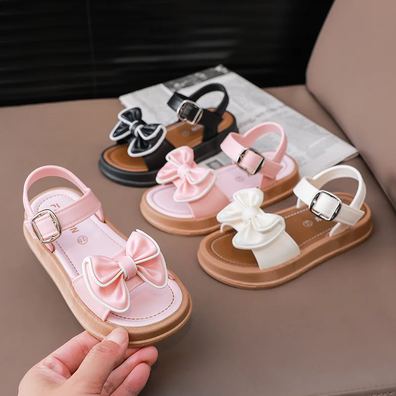 New Fashionable Girls Sandals Summer Bow Princess Sandals 3-14 Years Old Students Outside Wearing Versatile Velcro Sandals