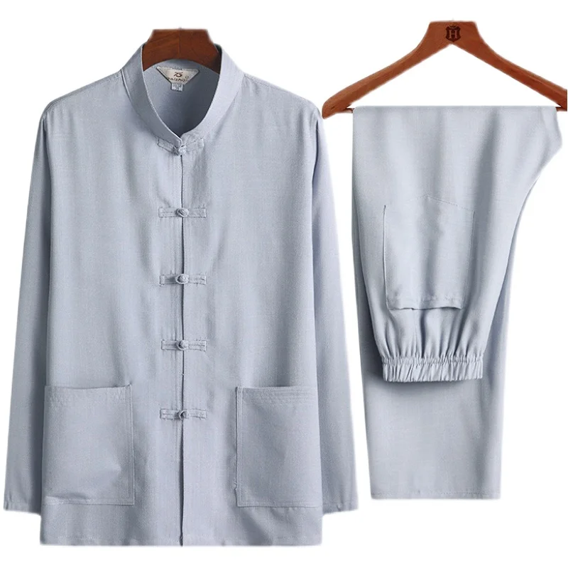Summer New Men Long Sleeve Tang Suit Cotton Linen Male Embroidery Tai Chi Set Clothing Performance Kung Fu Wushu