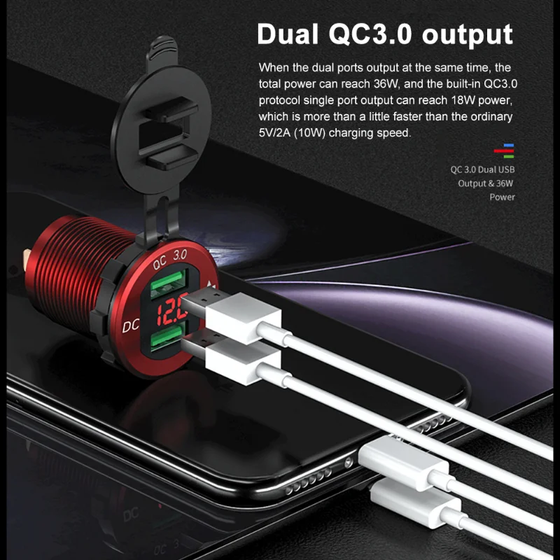 12/24V Aluminium Metall 36W QC 3,0 Dual USB Auto Motor Ladegerät