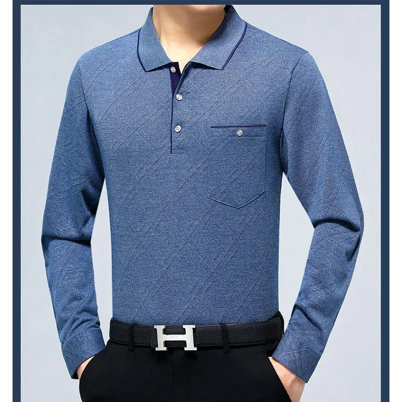 

2023 New Spring and Autumn Fashion Loose Fitting Oversized Mercerized Cotton Lapel Real Pocket Versatile Middle-aged Men's Top