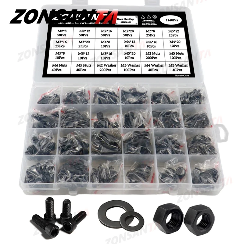 Zonsanta m2 M2.5 m3 m4 m5 Preto Grau 12.9 Aço Allen Hexágono Hex Soquete Cabeça Parafuso Parafuso e Porca Conjunto Variedade Kit Din912