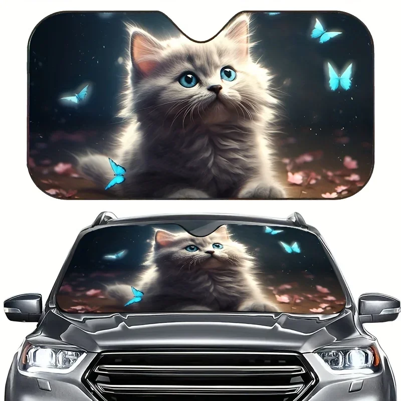 

Cute Cat and Butterfly Car Sunshade Foldable Heat Insulation UV Sunshade Portable Car Front Blocking Sunshade Car Accessories