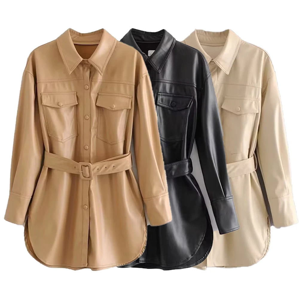 

Faux Leather Jackets with Fleece Lining Brown Black Khaki Women's Fall Winter Warm Coats Chic Lady Jackets Female Clothing
