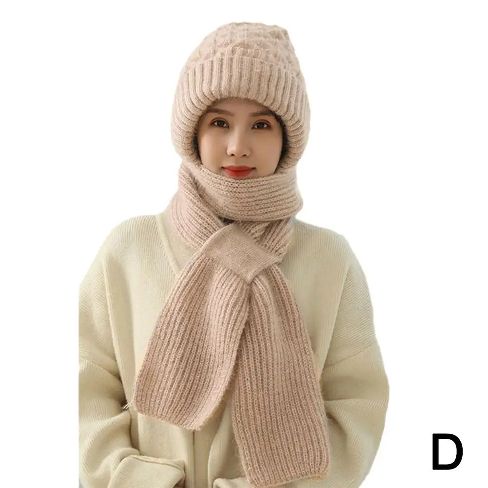 Winter Knitted Integrated Hat Thickened Knitted Skullies Hat Ear Protection Scarf Warm Beanies Cap Hooded Scarf For Outdoor Ski 6