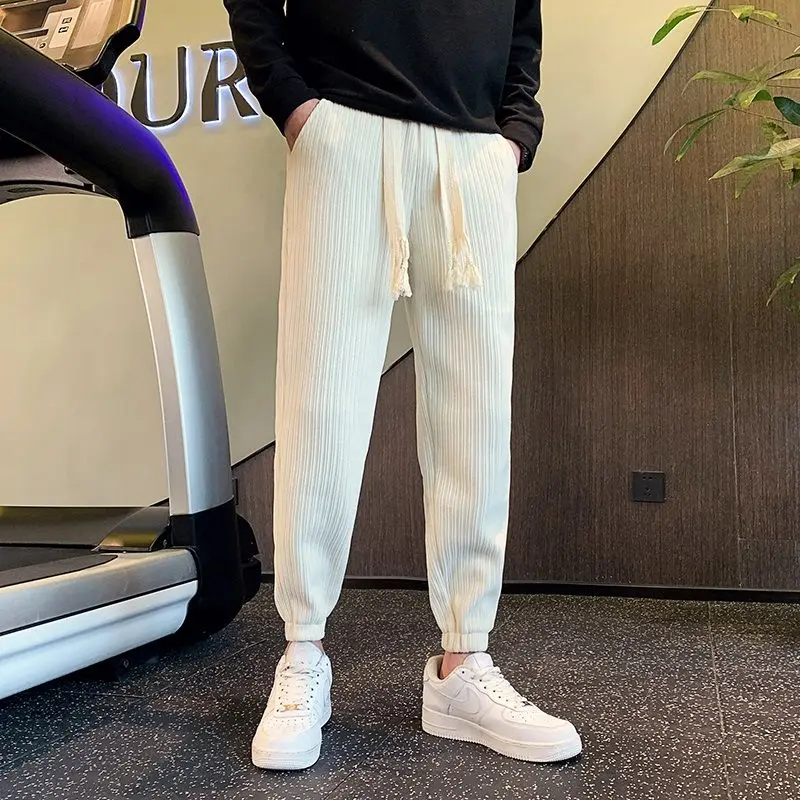 Autumn Winter Solid Color Fashion Elastic Waist Ankle Length Pants Man High Street Casual Thicken Warm Pockets Haren Trousers