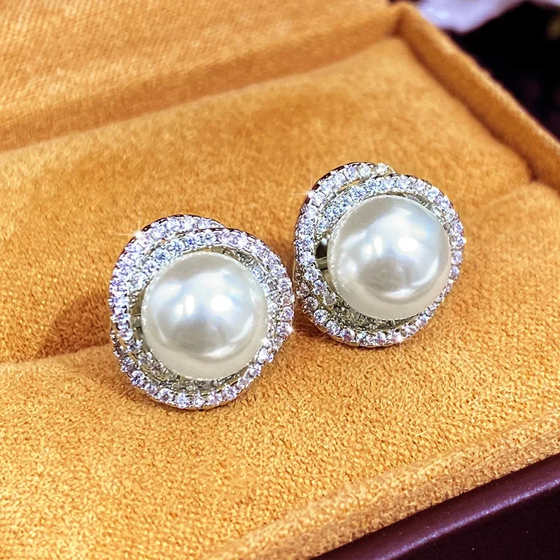 Sparkling Cubic Zirconia Imitation Pearl Stud Earrings for Women 925 Silver Color Temperament Girls Ear Accessory Hot Jewelry