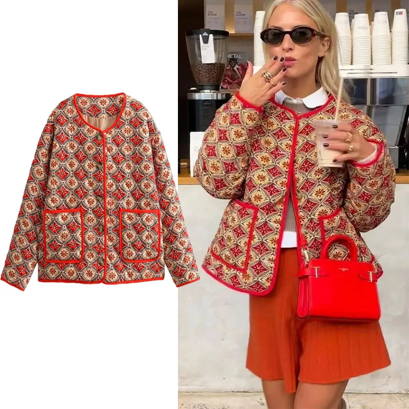 

TRAF Patchwork Print Cotton Jacket For Women O Neck Long Sleeve Pocket Jacket Coat 2024 Autumn Winter Chic Warm Female Outerwear