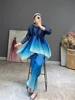 Miyake Pleated Gradient Blue Belt Sets 2022 Spring  Summer High Fashion Loose Two Piece Suits Designer Clothes 6
