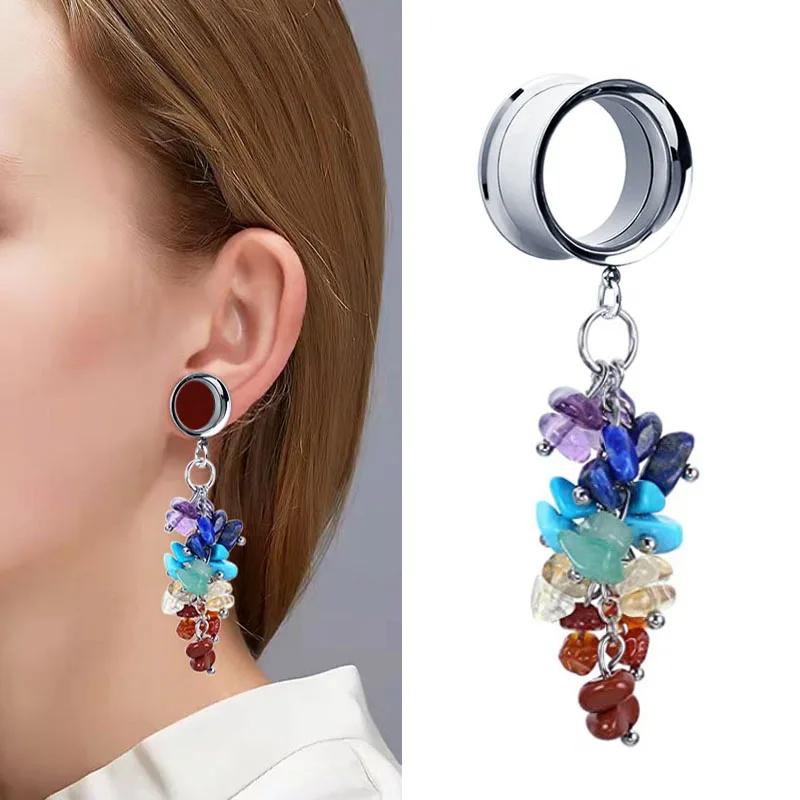 1 Pcs Dangle Dream Rainbow Stone Beads Tree Pendant Ear Tunnel Plugs and Gauges Flesh Piercing
