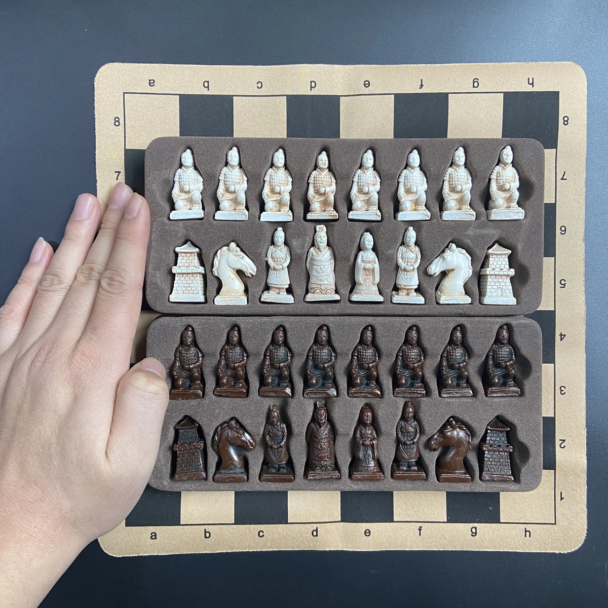 Antique Small Terra Cotta Warriors Chess Pieces Chess Leather Board 28cm/11.02inch Hand Made Retro Character Modeling Game