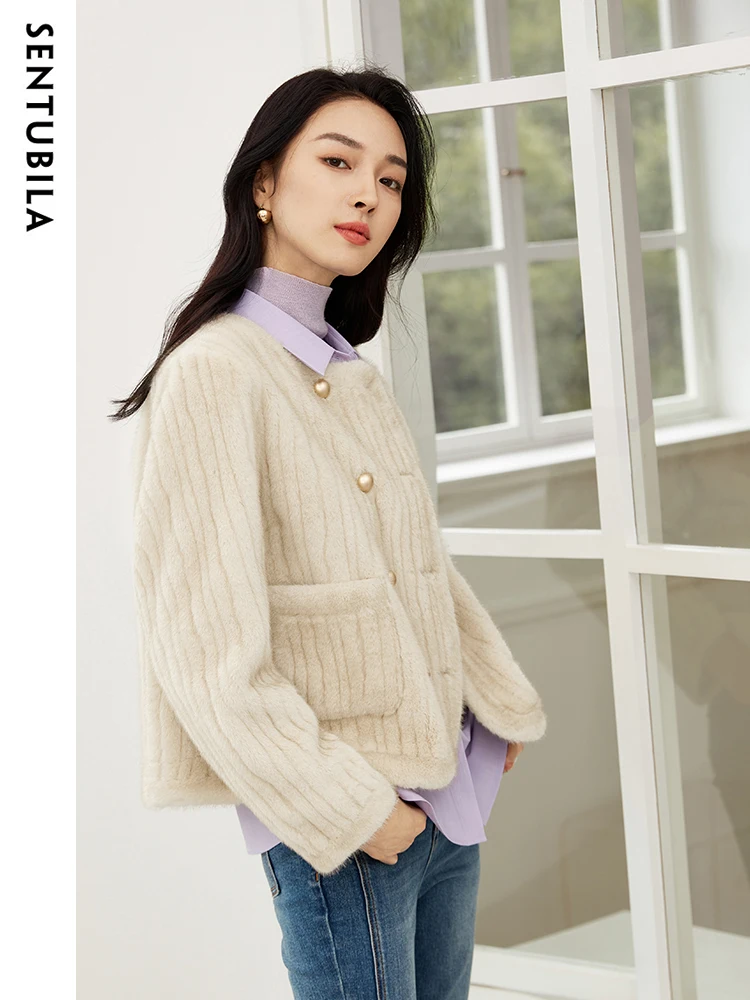 SENTUBILA Women's Imitation Rabbit Fleece Jacket 2023 Autumn Winter Elegant Crew Neck Double-breasted Plush Short Coat W34W50108