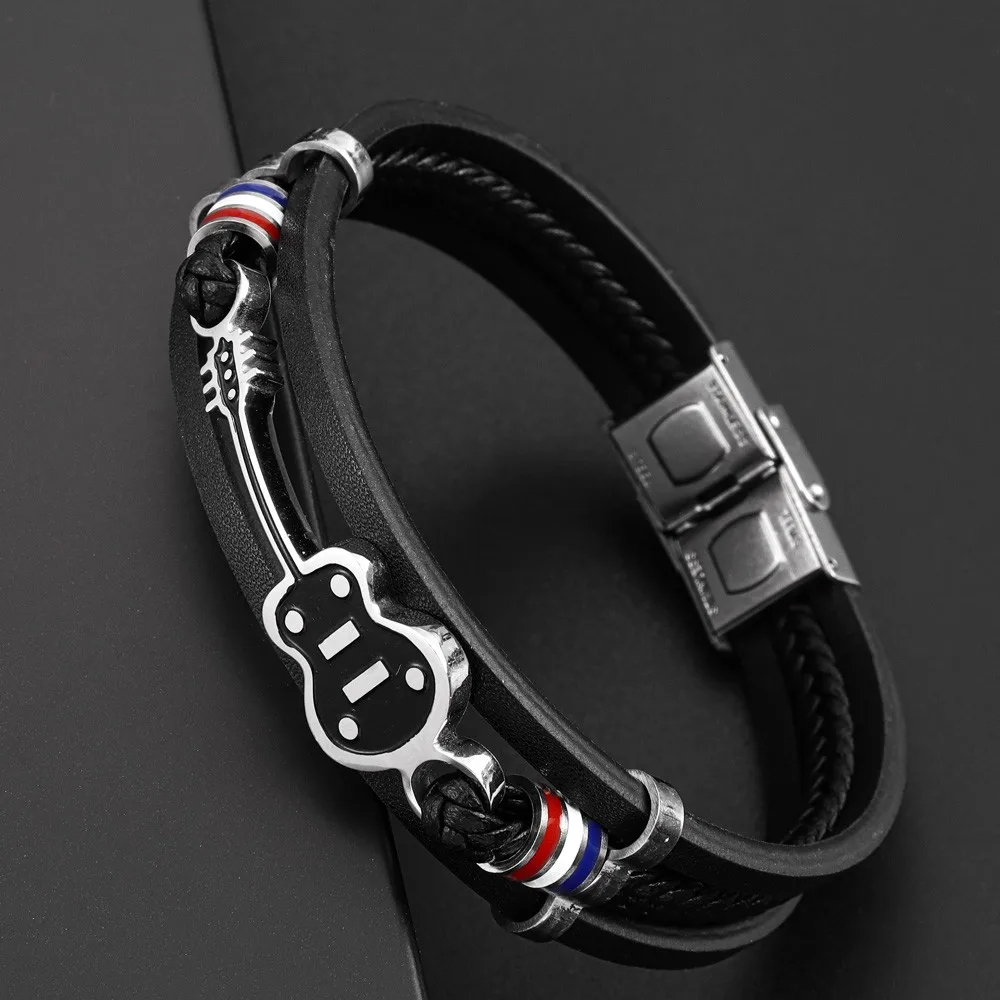Music Lovers Guitar-shaped Bracelet Men's Punk Woven Leather Bracelet Popular Personality Holiday Gift Party Acces