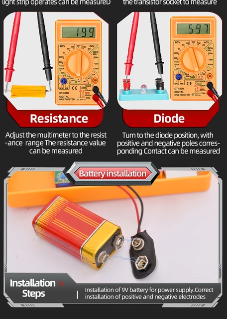 Alvinlite Multimètre Numérique Multifonctionnel Portable LCD Multimètre  Numérique Ampèremètre Volt Ohm Testeur DT-830B Voltmètre Ohmmètre Mètre  (Noir)(DT-830B-Noir) : : Bricolage