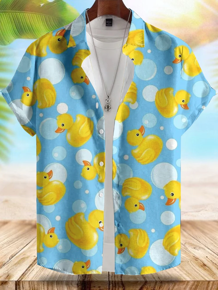 2024 Hawaii New Men's Short-sleeved Shirt Fashionable Yellow Duck Print Men's Casual Shirt Summer Street Daily Men's Shirt 4