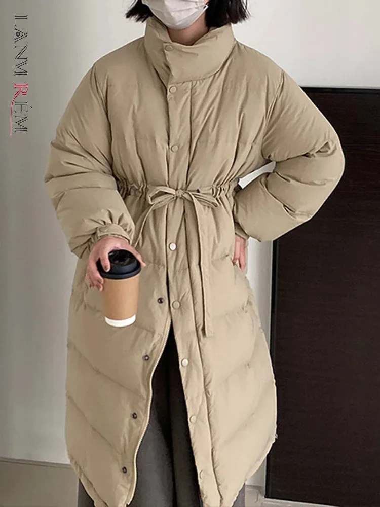 

[LANMREM] Fashioin Thicking Warm Cotton Coats For Women Lace-up Gathered Waist Long Outwear Female 2023 Winter New 26D6706