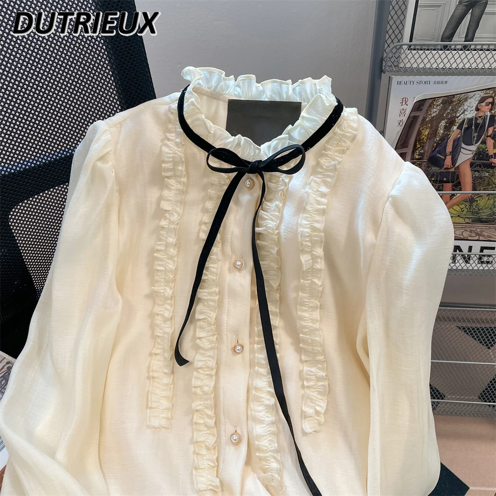 French Lolita Sweet Ruffles Lace-up Bow White Chiffon Shirt Women 2023 Autumn New Stand-up Collar Long Sleeve Button Blouse Top