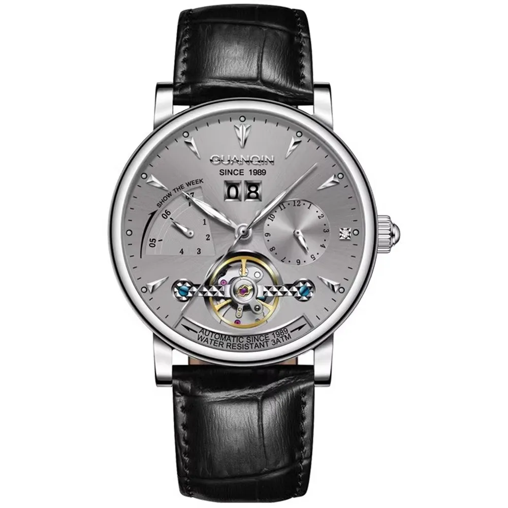 GUANQIN Men Stainless Steel Leather Wrist Watch Automatic